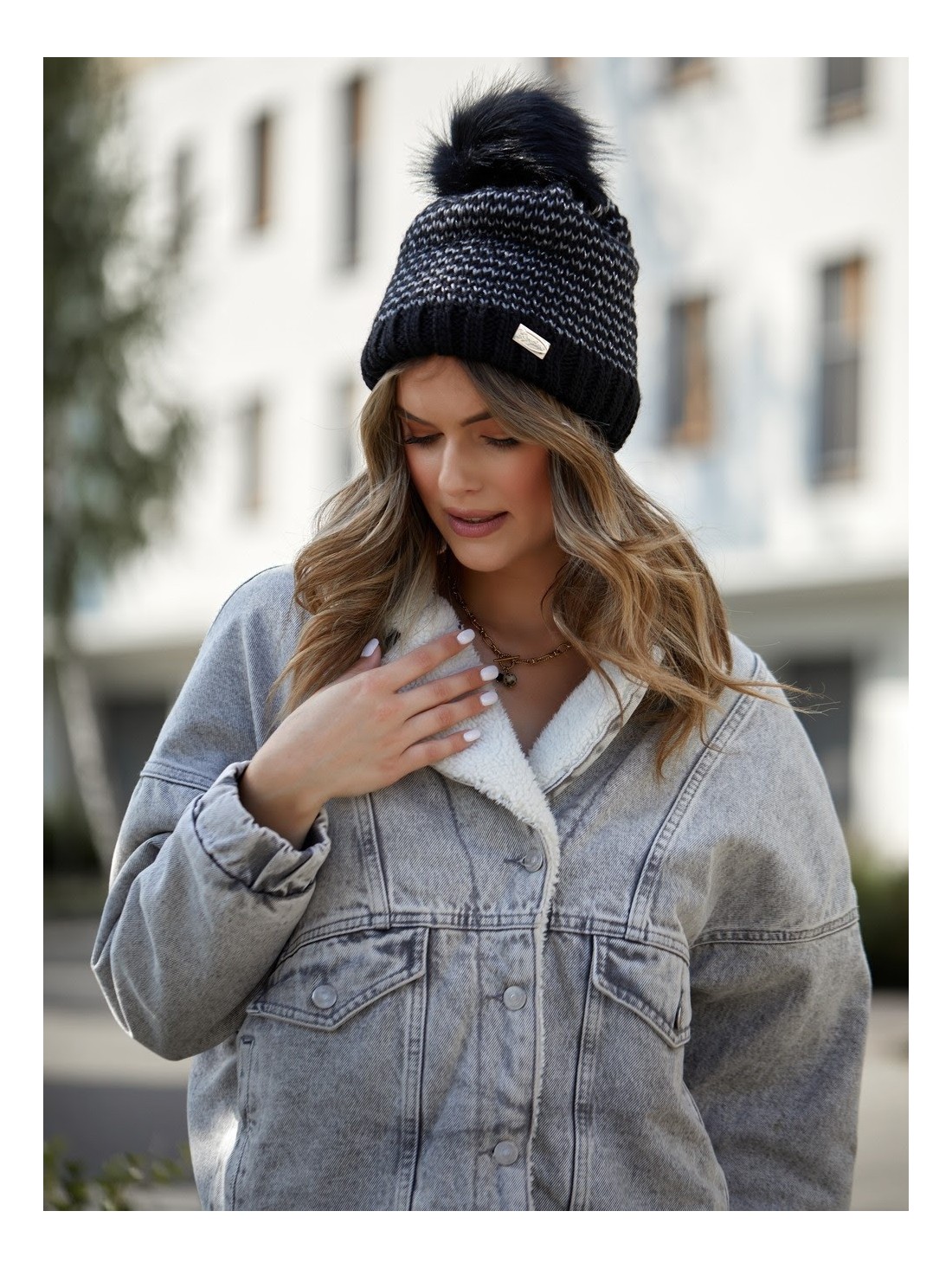 Black herringbone winter hat C44 - Online store - Boutique